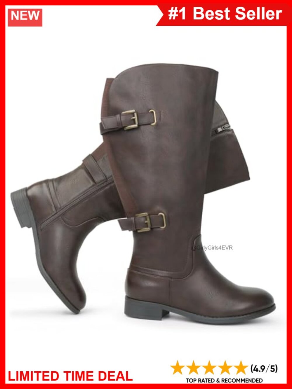Women's Extra Wide Calf Knee High Boots Flat Low Heel Double Buckle Stretch